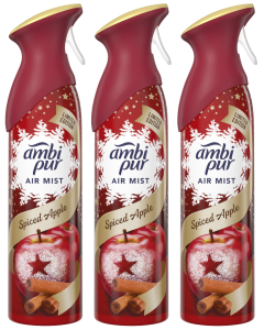 3 X 185 ml Febreze/Ambi Pur Air Mist Air Freshener Spray - Spiced Apple 