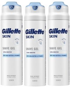 3 x 200ml Gillette Skin Ultra Sensitive Shave Gel with Shea Butter & Vitamin E