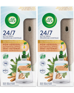 2 x Air Wick Active Fresh 24/7 Automatic Spray Diffuser Unit + Fresh Sandalwood Refill 228ml