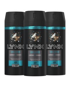 3 x 200ml Lynx Collision Leather + Cookies Body Spray For Men 