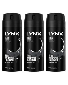 3 x Lynx 72hrs Anti Sweat Anti-Perspirant Body Spray 150ml - Black