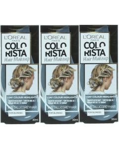 3 x 30ml L'Oreal Colorista Hair Makeup Temporary Blonde Hair Colour - Metallic Grey