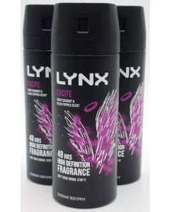 3 x Lynx 48 hrs Deodorant Body Spray 150ml - Excite