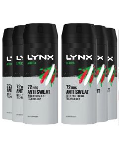 6 x Lynx 72hrs Anti Sweat Anti-Perspirant Body Spray 150ml - Africa