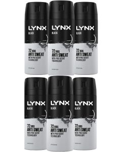 6 x Lynx 72hrs Anti Sweat Anti-Perspirant Body Spray 150ml - Black