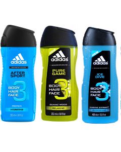 3 x Adidas Body Hair Face Shower Gel  250ml  - Choose Fragrance
